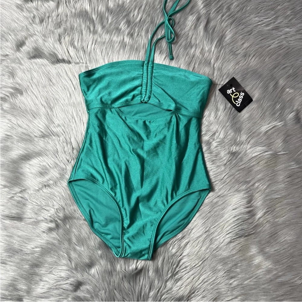Art Class Target Girls Green One Piece Cut Out Halter Swimsuit XL 14